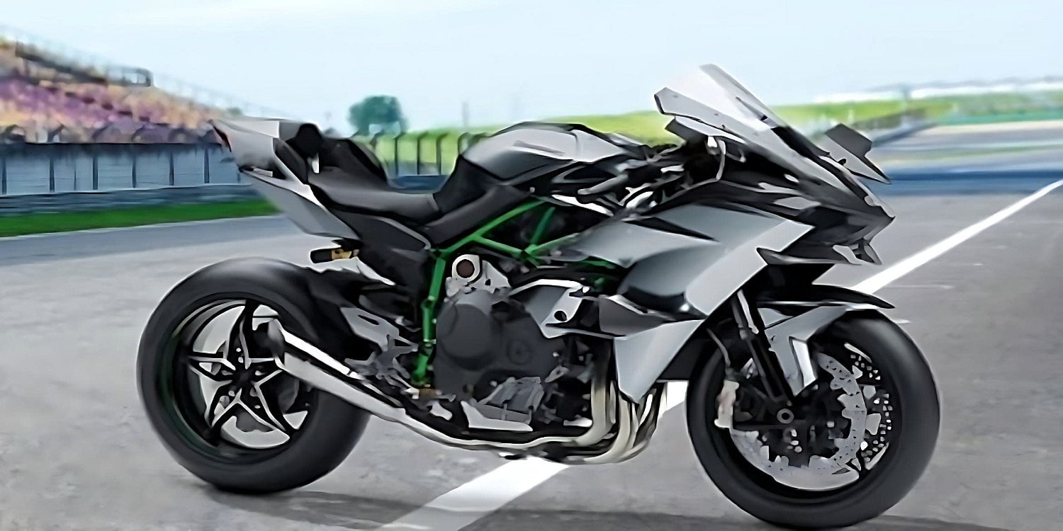 The 2023 Kawasaki Ninja H2 motorcycle is shown parked on a racing track. With its aggressive aerodynamic design and cutting-edge technology, this bike delivers exceptional performance and speed.