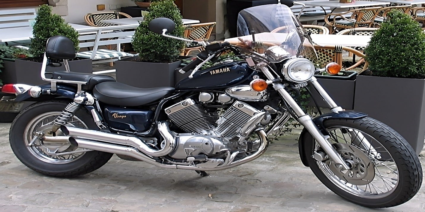 A Yamaha V-twin cruiser XV750 or Virago 750, Yamaha's initial foray into the American V-twin cruiser market, produced between 1981 and 1983 and between 1988 and 1998 as a cruiser in Yamaha's Virago series which paved the way for the V Star series.