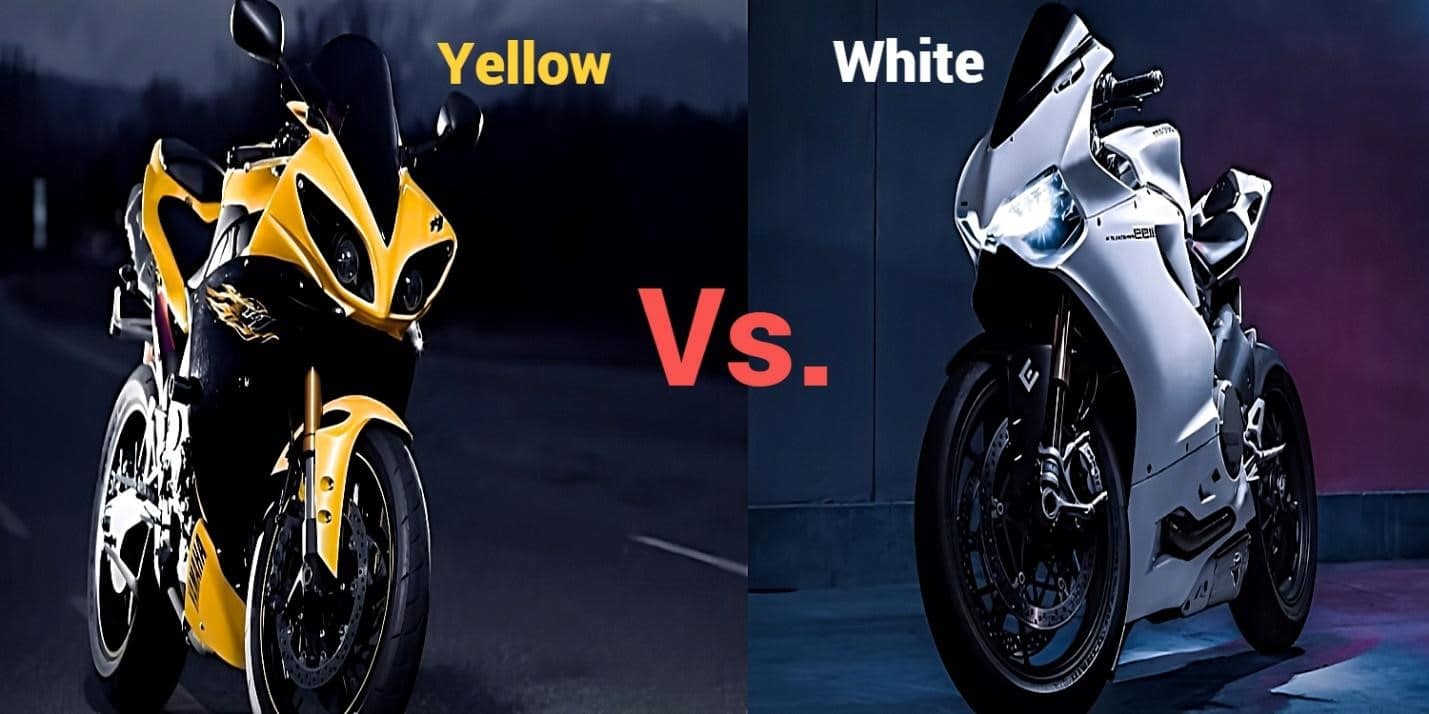 A white speedster with a bold and vibrant color scheme vs. a yellow sports bike with sleek lines and a streamlined design sits on a paved road surrounded by green grass and trees