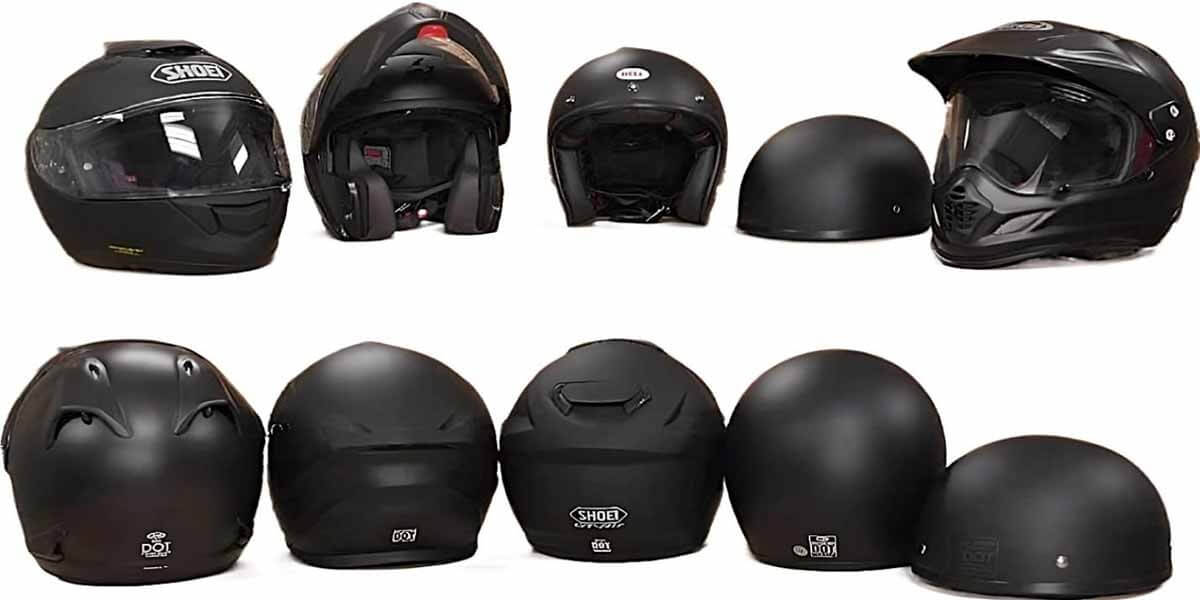 The different styles of motorcycle helmets. Evidently, full-face helmets (extreme left) consume more materials and are likely more expensive. The same can be said for the modular unit (second from left) whose hinge adds to the complexity of the design and manufacturing process.
