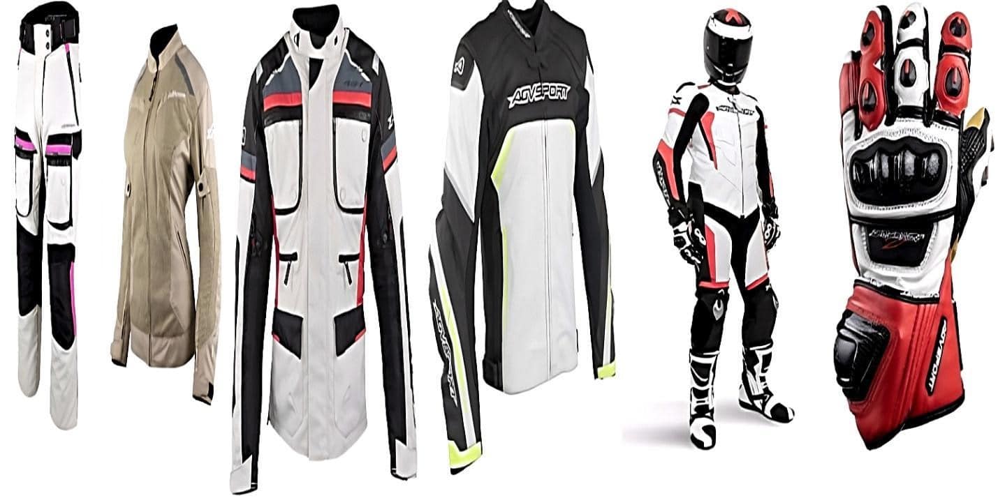 From left to right:  Mojave Textile Pant, Sharp Mesh Textile Jacket, Mojave ADV Men’s Jacket, Imola Leather Jacket, Monza Race Suit, and Monza-R Leather Gloves. The bright-colored apparel will help make your black motorcycle more visible on the road, increasing your safety and reducing the risk of accidents.