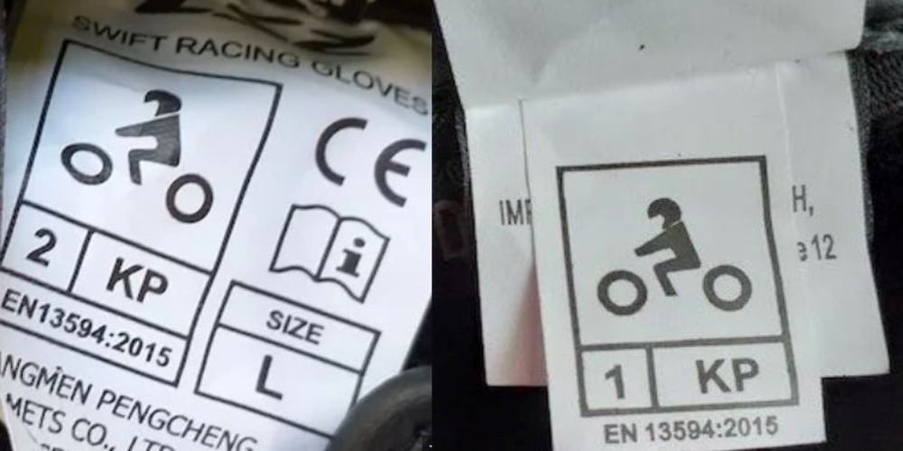 On the left is CE Level 2-KP, and on the right is CE Level 1-KP. To comply with EN13594:2015, gloves must have one of these certifications