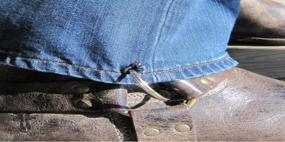 Secured pants to a boot harness using a keyring to prevent them from riding up.