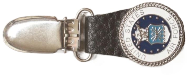 A stainless boot clip featuring a customized United States Air Force badge on the tic-tac button. Designed to clip securely onto the front of your pants leg.
