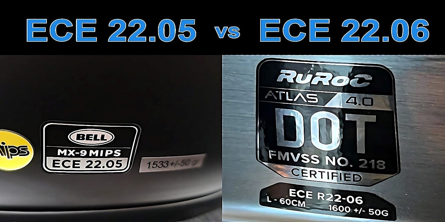 Side-by-side comparison of helmets. On the left, a BELL MX-9 MIPS with the outgoing ECE 22-05 certification sticker. On the right, a RuRoc ATLAS 4.0 helmet with the new ECE 22-06 certification sticker. A lot of the old stuff remains, but ECE 22.06 has enhanced the impact testing process by testing at various speeds, at varying impact angles, and by examining the impacts on various parts of the helmet.