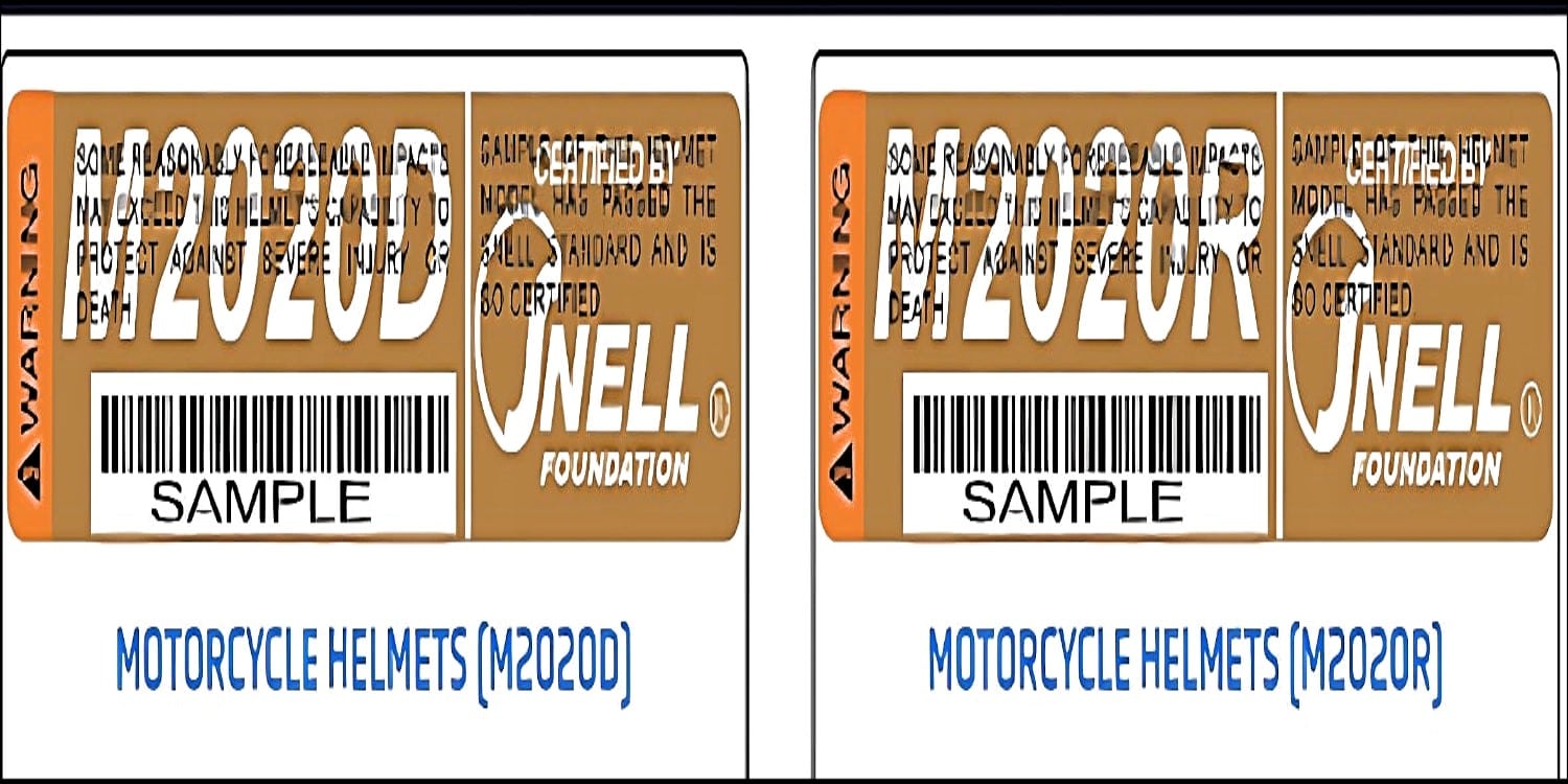 Samples of what SNELL M2020D (left) and SNELL M2020R (right) certification labels look like. Every SNELL-certified helmet must have a certification sticker inside.