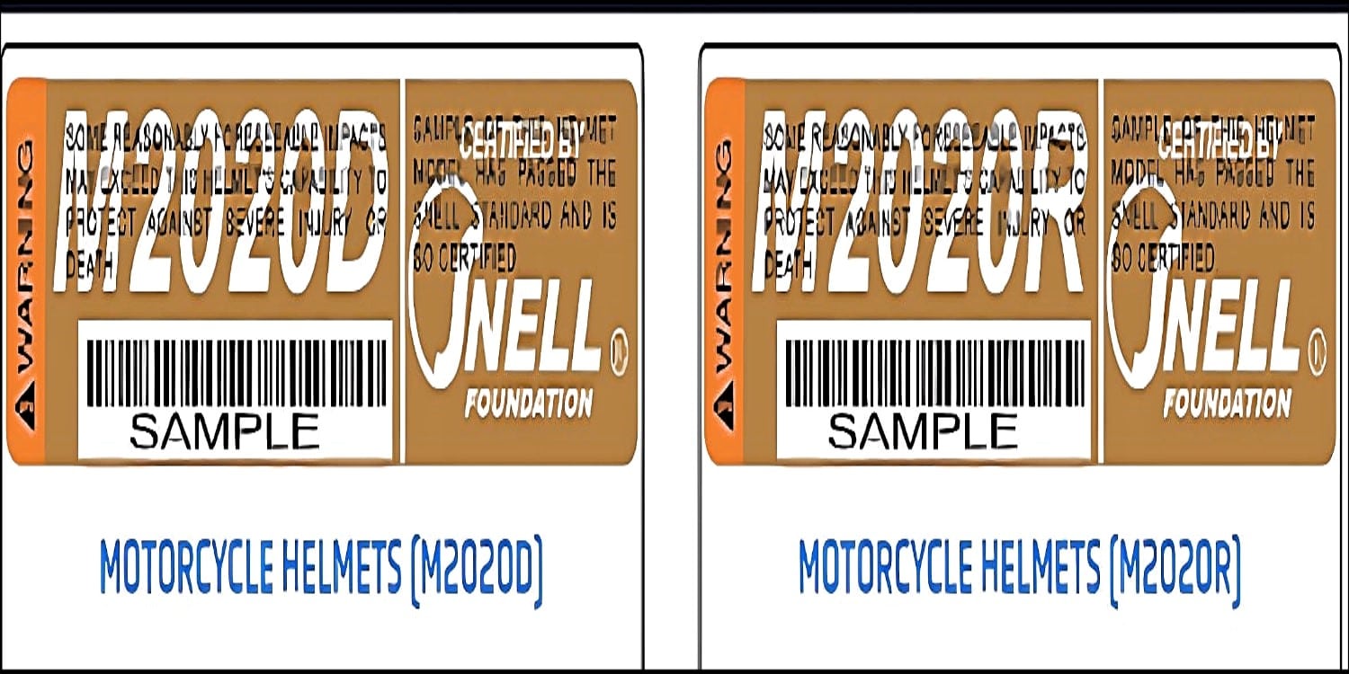 Samples of what SNELL M2020D (left) and SNELL M2020R (right) certification labels look like. Every SNELL-certified helmet must have a certification sticker inside.