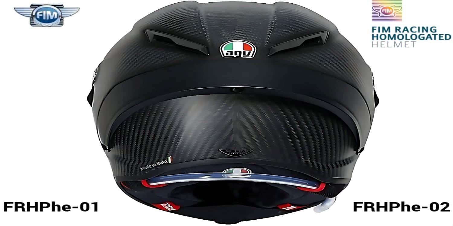 The FIM-approved AGV PISTA GP RR Mono Carbon Matt helmet. Each helmet that enters FIM Grand Prix contests will be individually identified by the FIM Holographic Label. The unique hologram adds security to the label and instills confidence in certified helmets. A QR code is embedded bearing a link to the homepage or marketing landing page of the manufacturer.