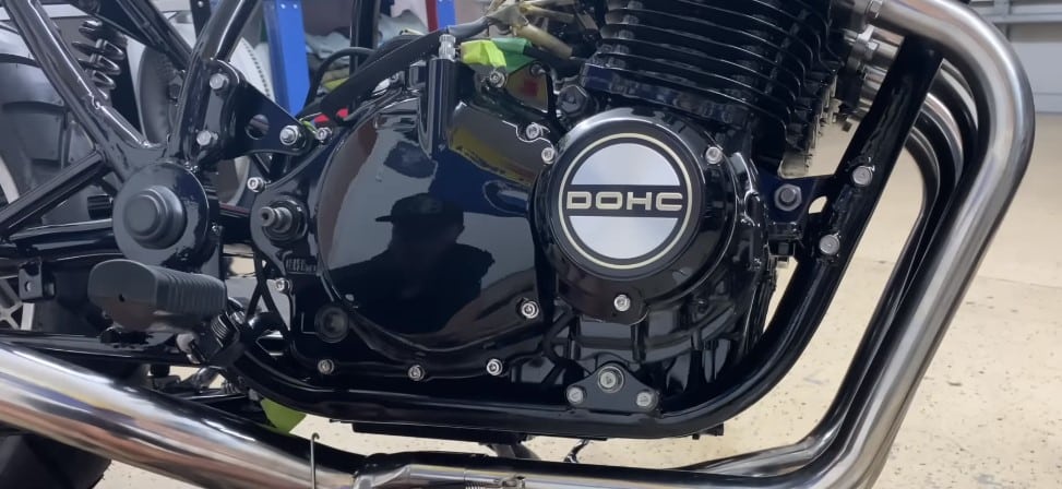 A closeup of an air-cooled DOHC In-line four, four-stroke motor of the Suzuki GS850, which was originally based on the Kawasaki Z1-900 engine.