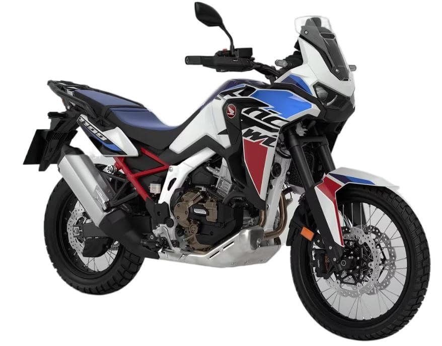 The 2024 Honda Africa Twin flagship in red, white, and blue sporting that upswept double flow muffler with a titanium finished sleeve. This stock exhaust can sound a little plain but there are a variety of aftermarket choices from the Explorer II Muffler to the Rally Raid Titanium.